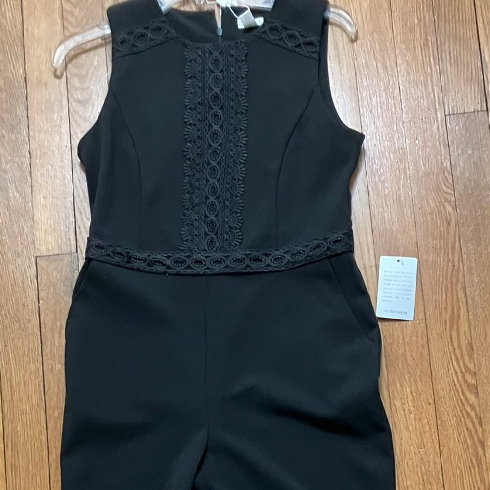 Spense Size 4 Sleeveless Lace Trim Black Jumpsuit with Pockets